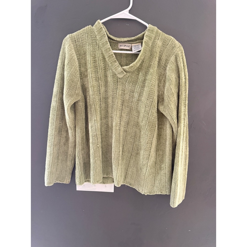 White Stag Vintage Y2K Green Chenille Ribbed V-Neck Sweater Cottage Whimsi M